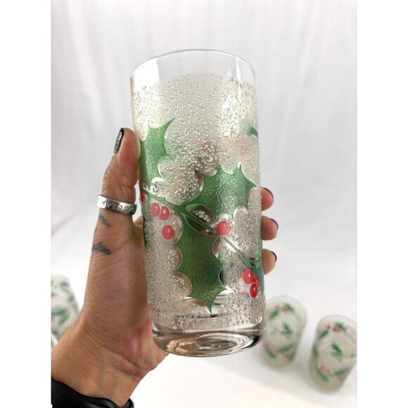 VTG Fred Press Holiday Ice Frosted Holly Leaves & Berries Glasses Set of 3 MCM - Picture 2 of 13